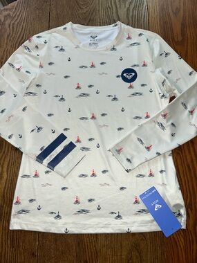 Roxy White Long-Sleeve Nautical ⚓️ Print SPF50 ☀️ Swim Shirt Navy 🛥️ Stripes